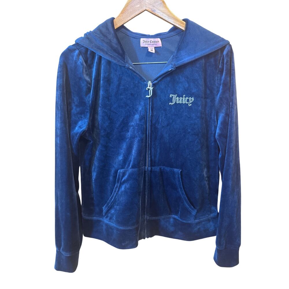 Juicy Couture Navy Y2K Bling Velour Full Zip Hooded‎ Track Jacket Medium